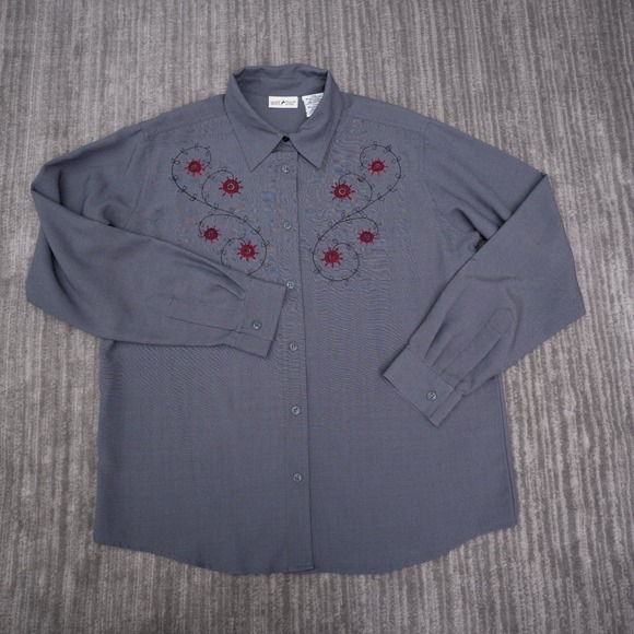 White Stag Tops - White Stag Blouse Ladies Medium 8/10 Grey Excellent Floral Embroidered Top